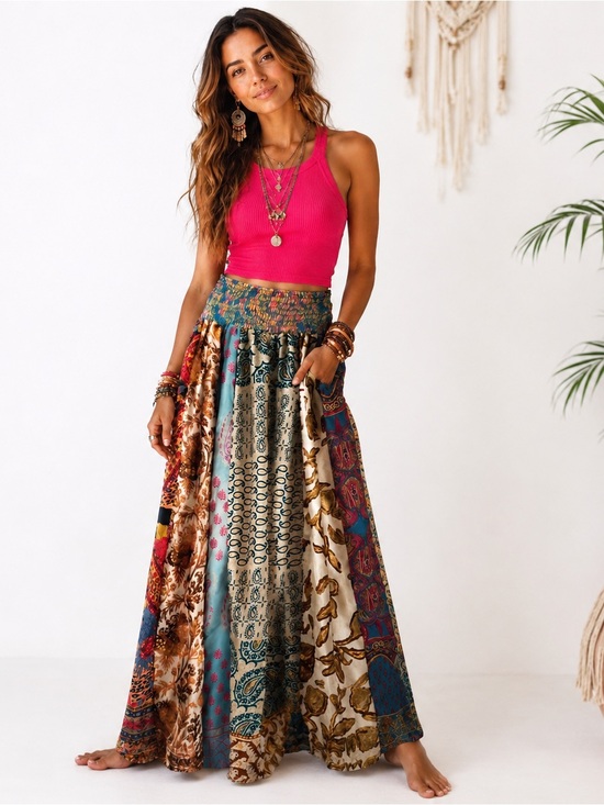 POL Pants - POL Patchwork Wide-Leg Boho Pants in Hot Pink & Multicolor